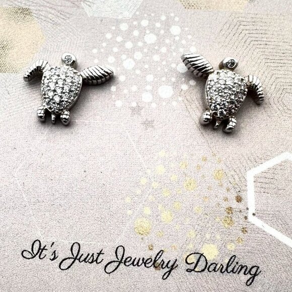 Sterling Silver Womans Earrings Turtles Cubic Zirconia Best Gift Idea For Her - Picture 1 of 4